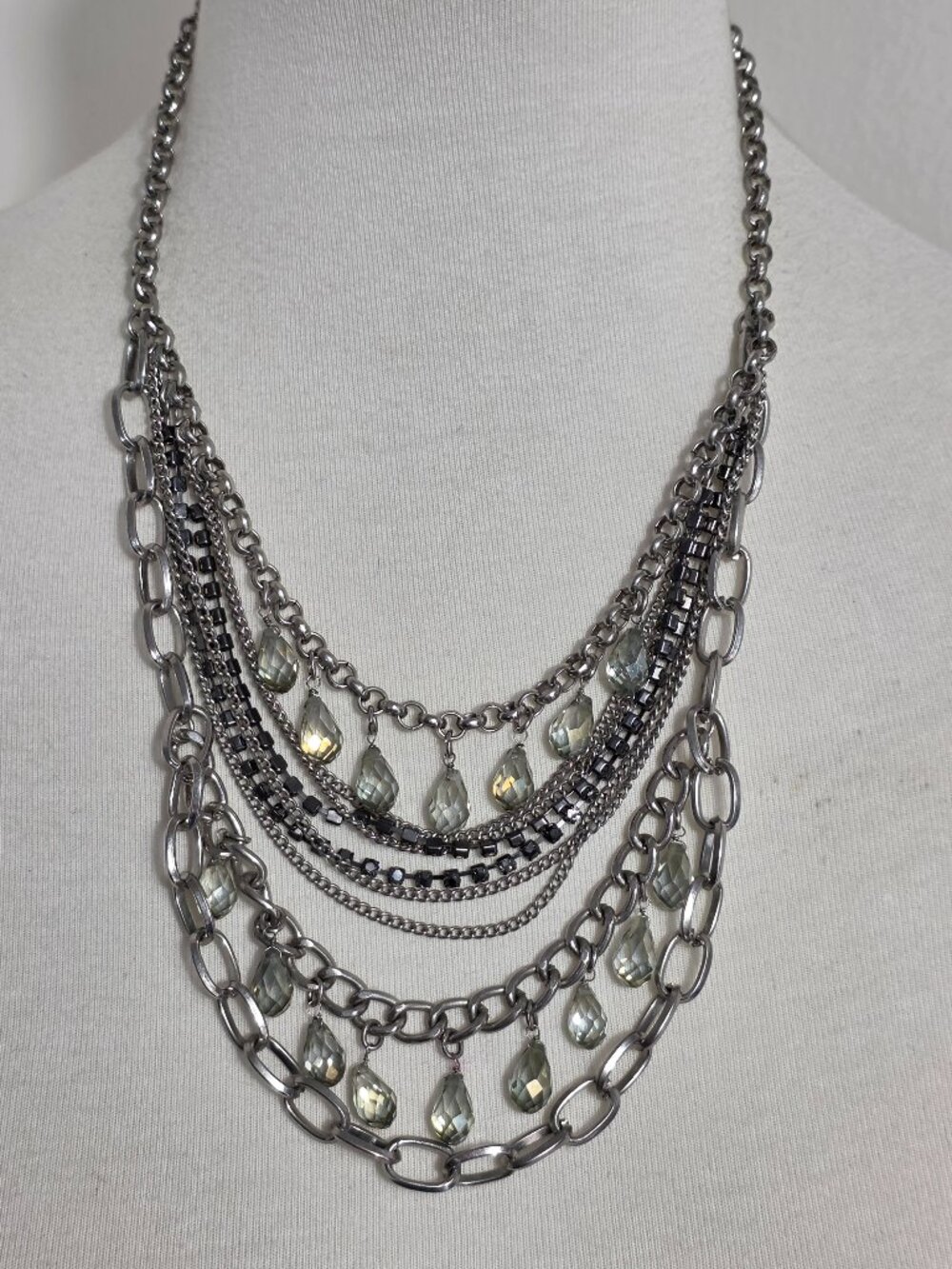 Simply Vera Wang Multi-Strand Necklace Silver Tone Chains Faceted Glass Charms